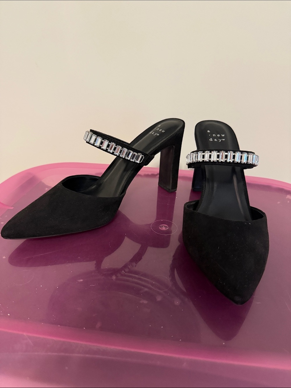 a new day Black Crystal-Embellished Pointed Toe Mules